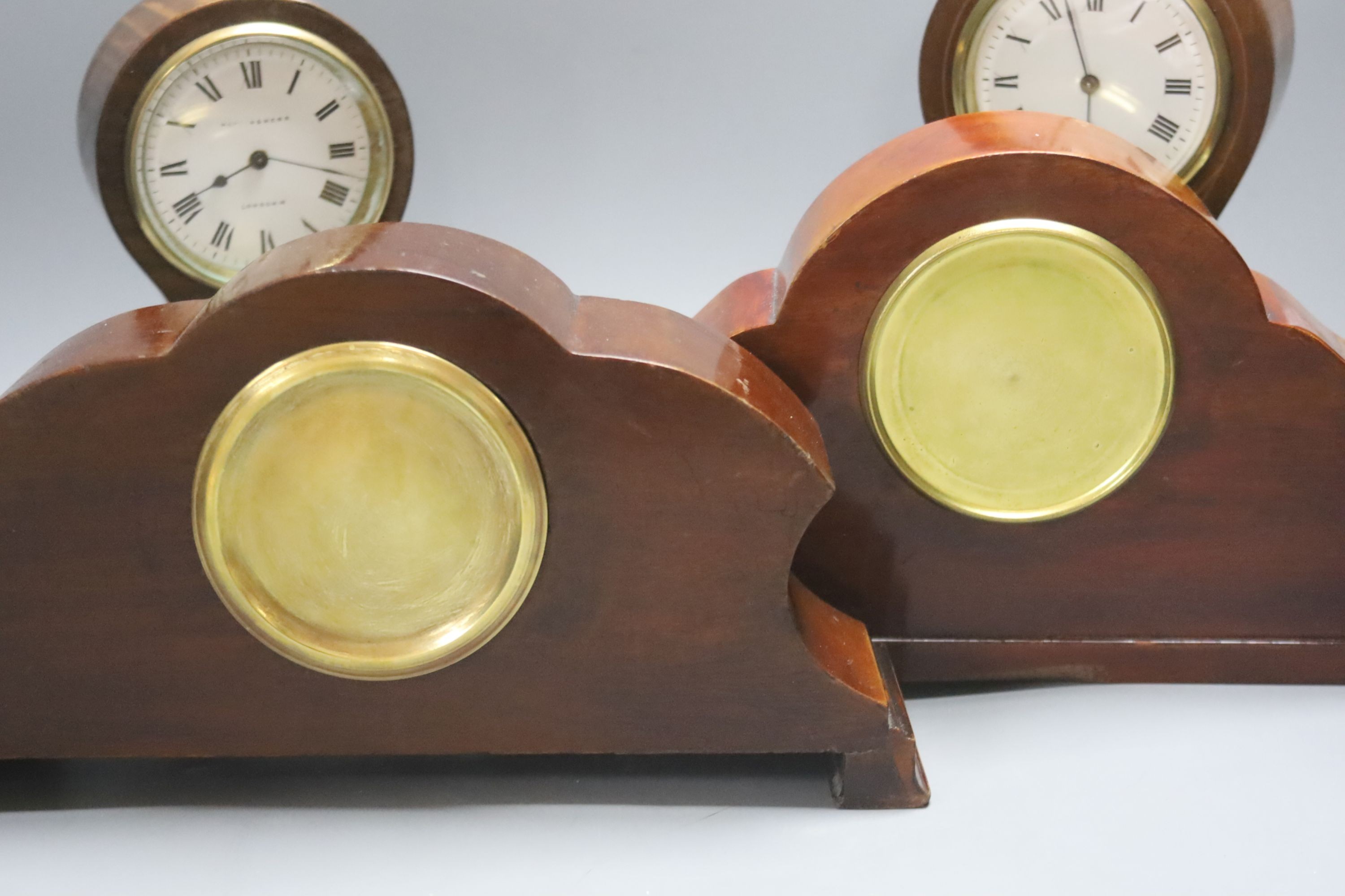 Four Edwardian inlaid mahogany mantel clocks, tallest 24cm